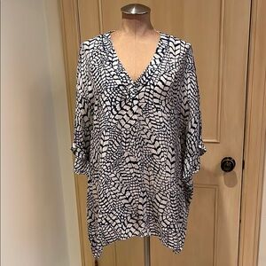 TOLANI 100% Silk Resort Party Palm Beach Navy & Cream V-Neck Kimono Coverup SZ S